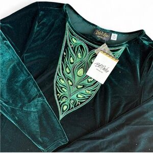 NWT Bob Mackie Wearable Art Size XL Green Velvet Embellished Top Long Sleeve